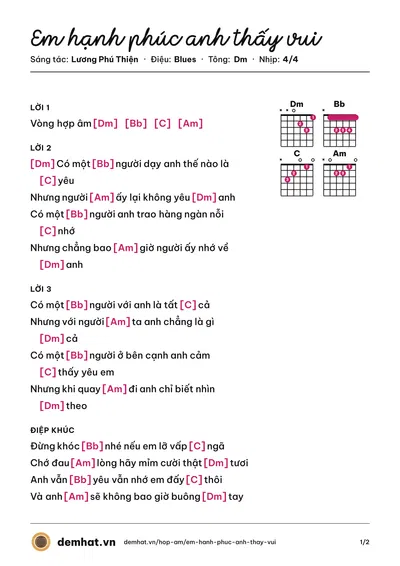 Hợp âm Em hạnh phúc anh thấy vui (Lương Phú Thiện) – bản nhạc PDF trang 1, tông Dm