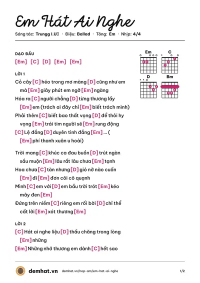 Hợp âm Em Hát Ai Nghe (Orange) – bản nhạc PDF trang 1, tông Em