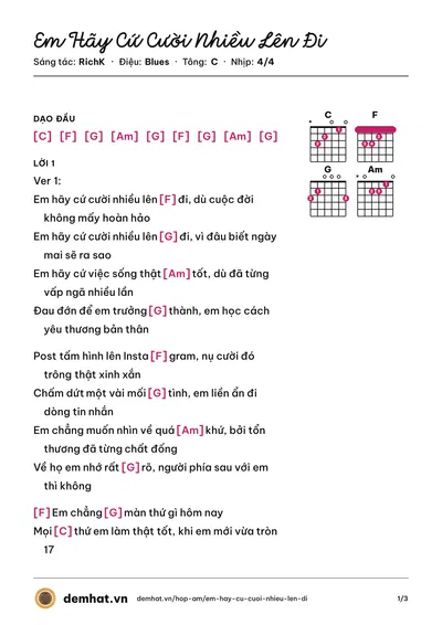 Hợp âm Em Hãy Cứ Cười Nhiều Lên Đi (RichK) – bản nhạc PDF trang 1, tông C
