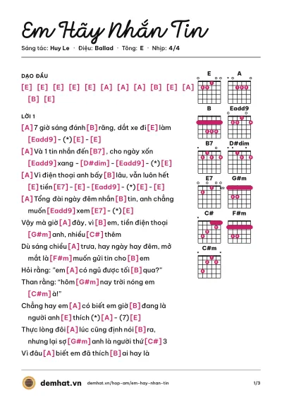 Hợp âm Em Hãy Nhắn Tin (Huy Le) – bản nhạc PDF trang 1, tông E