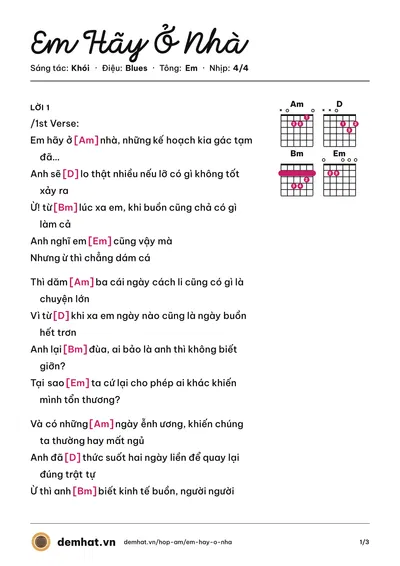 Hợp âm Em Hãy Ở Nhà (Khói) – bản nhạc PDF trang 1, tông Em