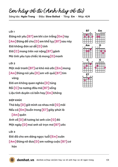 Hợp âm Em hãy về đi (Anh hãy về đi) (Mai Thiên Vân) – bản nhạc PDF trang 1, tông Em