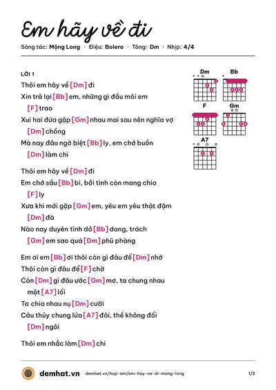 Hợp âm Em hãy về đi (Quang Lê) – bản nhạc PDF trang 1, tông Dm