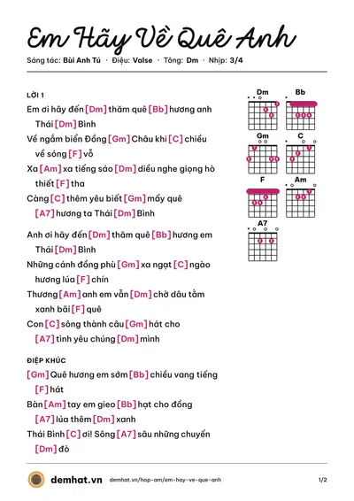 Hợp âm Em Hãy Về Quê Anh (Anh Thơ) – bản nhạc PDF trang 1, tông Dm