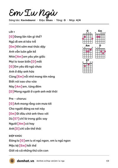 Hợp âm Em Iu Ngủ (Kevindauroi) – bản nhạc PDF trang 1, tông G