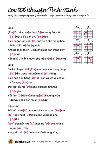 Hợp âm Em Kể Chuyện Tình Mình (Hà Vân) – bản nhạc PDF trang 1, tông Em