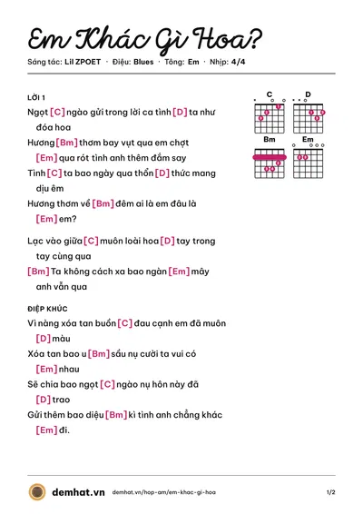 Hợp âm Em Khác Gì Hoa? (Lil ZPOET) – bản nhạc PDF trang 1, tông Em