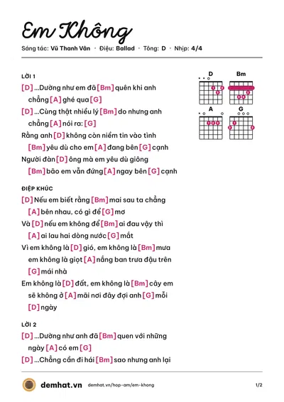 Hợp âm Em Không (Vũ Thanh Vân) – bản nhạc PDF trang 1, tông D