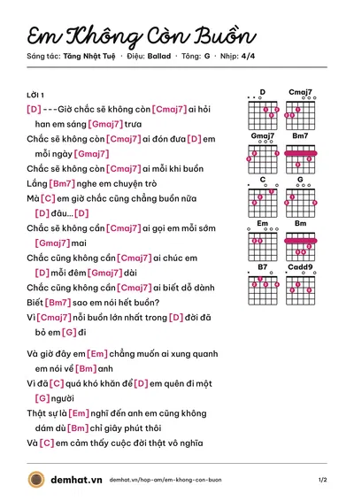 Hợp âm Em Không Còn Buồn (Bảo Thy) – bản nhạc PDF trang 1, tông G