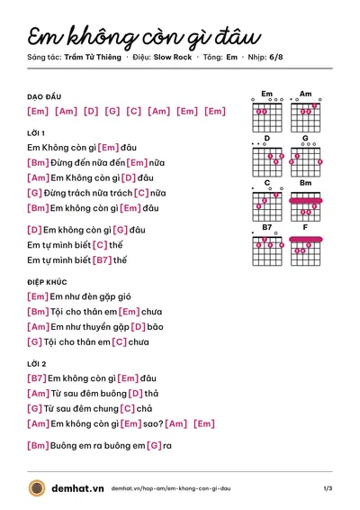 Hợp âm Em không còn gì đâu (Trầm Tử Thiêng) – bản nhạc PDF trang 1, tông Em