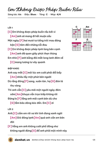 Hợp âm Em Không Được Phép Buồn Rầu (kis) – bản nhạc PDF trang 1, tông C