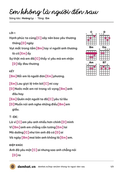 Hợp âm Em không là người đến sau (Hoàng Ly) – bản nhạc PDF trang 1, tông Em
