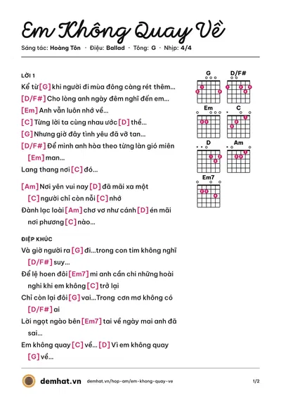 Hợp âm Em Không Quay Về (Hoàng Tôn) – bản nhạc PDF trang 1, tông G