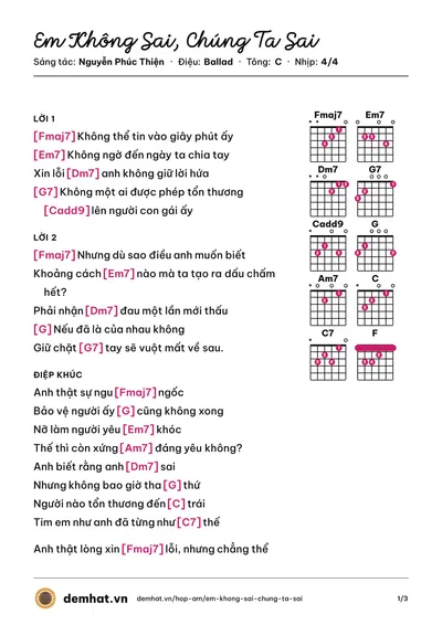 Hợp âm Em Không Sai, Chúng Ta Sai (ERIK) – bản nhạc PDF trang 1, tông C