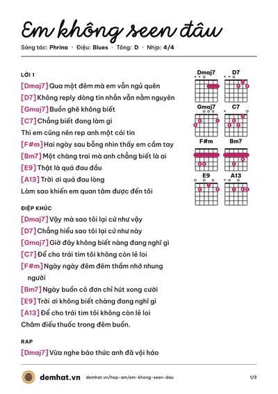 Hợp âm Em không seen đâu (Đanh) – bản nhạc PDF trang 1, tông D