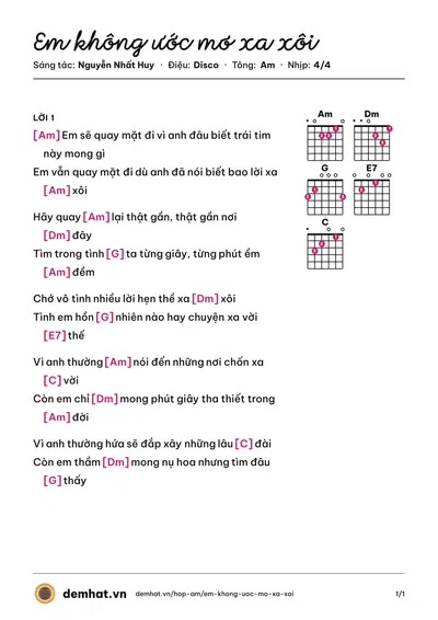 Hợp âm Em không ước mơ xa xôi (Nguyễn Nhất Huy) – bản nhạc PDF trang 1, tông Am