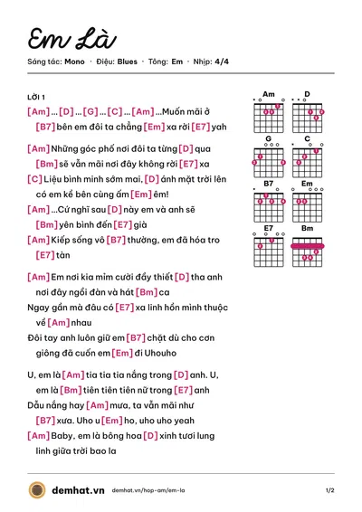 Hợp âm Em Là (Mono) – bản nhạc PDF trang 1, tông Em