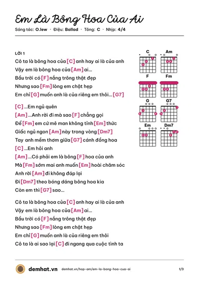 Hợp âm Em Là Bông Hoa Của Ai (O.lew) – bản nhạc PDF trang 1, tông C
