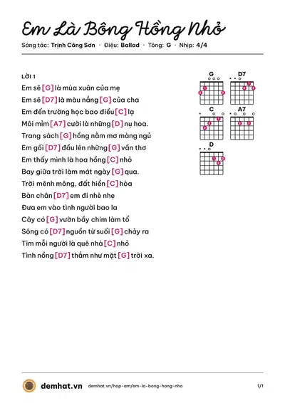 Hợp âm Em Là Bông Hồng Nhỏ (Trịnh Công Sơn) – bản nhạc PDF trang 1, tông G