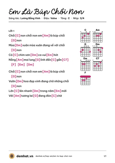 Hợp âm Em Là Búp Chồi Non (Tam Ca Áo Trắng) – bản nhạc PDF trang 1, tông C
