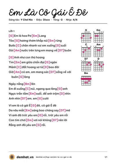 Hợp âm Em Là Cô Gái Ê Đê (Y Chel Nie) – bản nhạc PDF trang 1, tông G