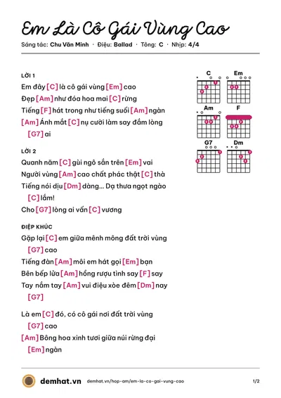 Hợp âm Em Là Cô Gái Vùng Cao (Ân Nhi) – bản nhạc PDF trang 1, tông C