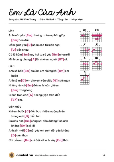 Hợp âm Em Là Của Anh (Hồ Việt Trung) – bản nhạc PDF trang 1, tông Em