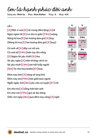 Hợp âm Em là hạnh phúc đời anh (Đan Trường) – bản nhạc PDF trang 1, tông A