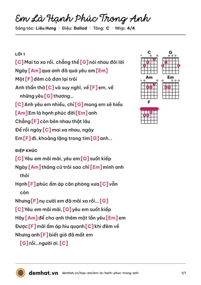 Hợp âm Em Là Hạnh Phúc Trong Anh (Hồ Quang Hiếu) – bản nhạc PDF trang 1, tông C