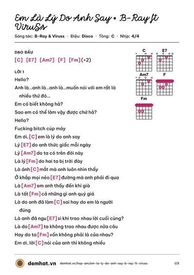 Hợp âm Em Là Lý Do Anh Say • B-Ray ft ViruSs (B-Ray) – bản nhạc PDF trang 1, tông C