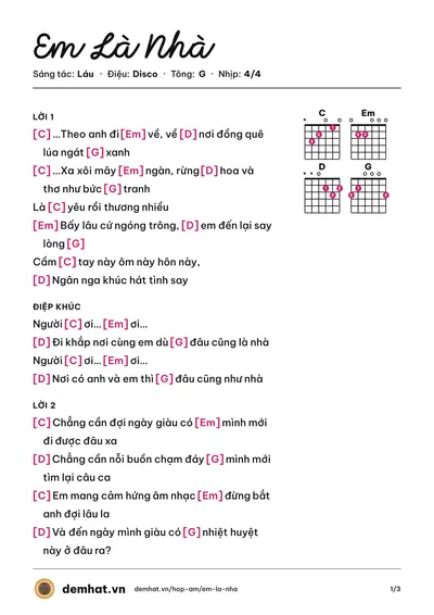Hợp âm Em Là Nhà (Láu) – bản nhạc PDF trang 1, tông G