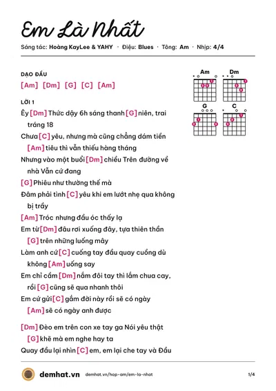Hợp âm Em Là Nhất (kis) – bản nhạc PDF trang 1, tông Am