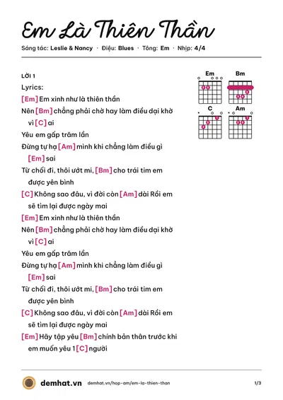 Hợp âm Em Là Thiên Thần (Nancy) – bản nhạc PDF trang 1, tông Em
