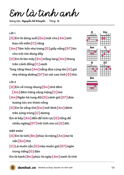 Hợp âm Em là tình anh (Ngọc Quy) – bản nhạc PDF trang 1, tông G
