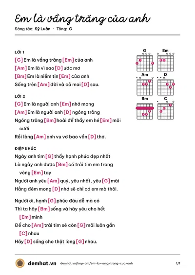 Hợp âm Em là vầng trăng của anh (Sỹ Luân) – bản nhạc PDF trang 1, tông G