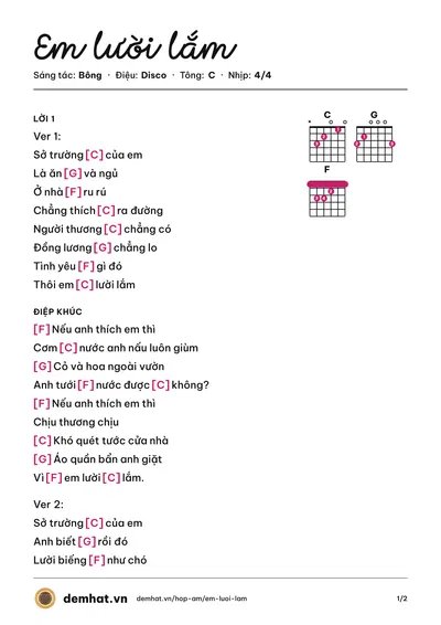 Hợp âm Em lười lắm (Bông) – bản nhạc PDF trang 1, tông C