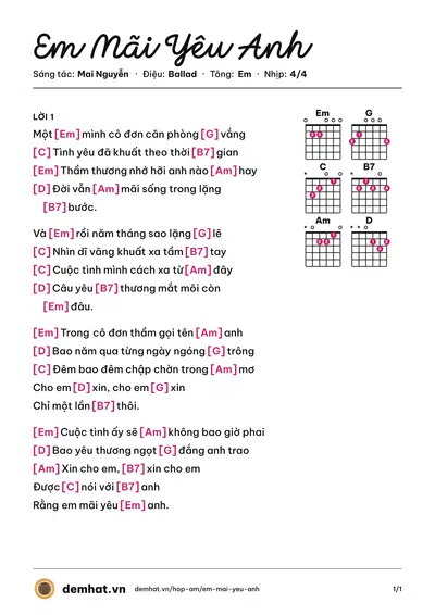 Hợp âm Em Mãi Yêu Anh (Thu Thảo) – bản nhạc PDF trang 1, tông Em