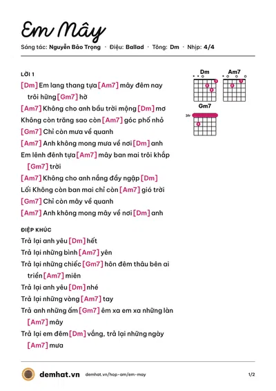 Hợp âm Em Mây (Hạnh Sino) – bản nhạc PDF trang 1, tông Dm
