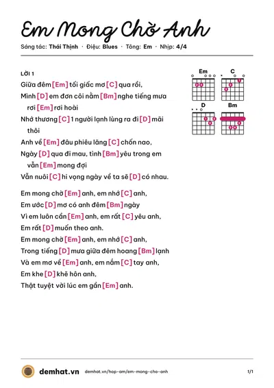 Hợp âm Em Mong Chờ Anh (Mắt Ngọc) – bản nhạc PDF trang 1, tông Em