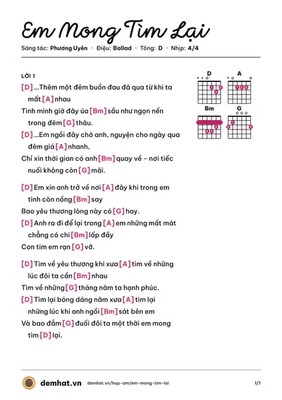 Hợp âm Em Mong Tìm Lại (Phương Uyên) – bản nhạc PDF trang 1, tông D