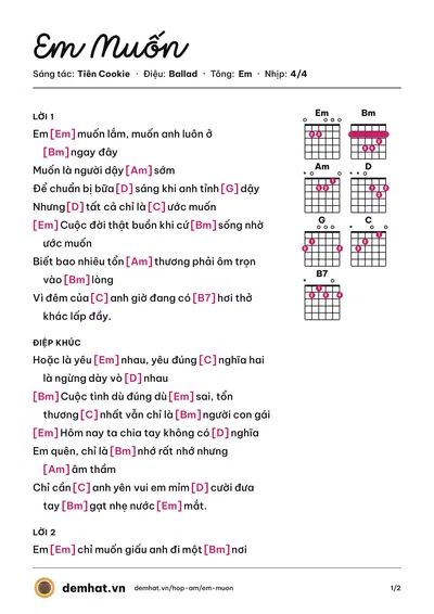 Hợp âm Em Muốn (Bích Phương) – bản nhạc PDF trang 1, tông Em