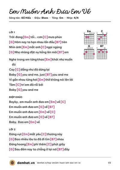 Hợp âm Em Muốn Anh Đưa Em Về (Hồ Ngọc Hà) – bản nhạc PDF trang 1, tông Em