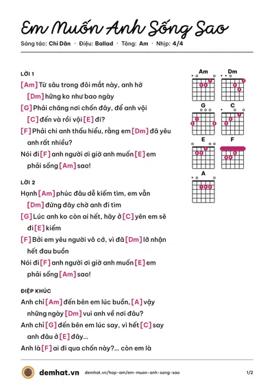 Hợp âm Em Muốn Anh Sống Sao (Bảo Anh) – bản nhạc PDF trang 1, tông Am