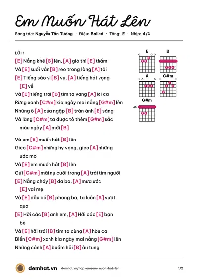 Hợp âm Em Muốn Hát Lên (Nguyễn Tấn Tường) – bản nhạc PDF trang 1, tông E