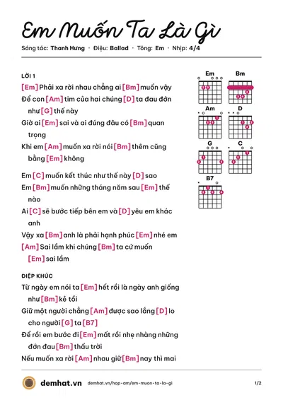Hợp âm Em Muốn Ta Là Gì (Thanh Hưng) – bản nhạc PDF trang 1, tông Em