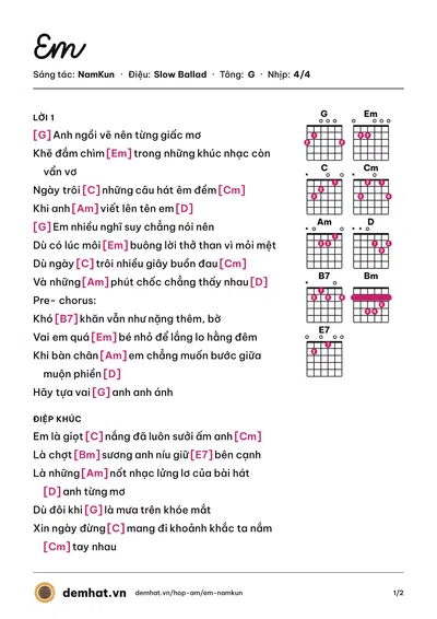 Hợp âm Em (NamKun) – bản nhạc PDF trang 1, tông G