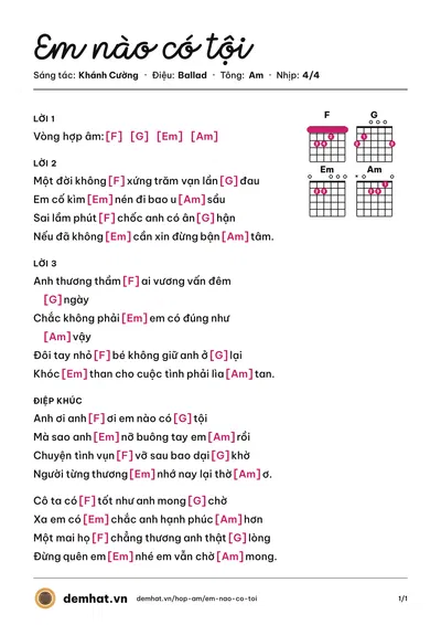 Hợp âm Em nào có tội (Thương Võ) – bản nhạc PDF trang 1, tông Am