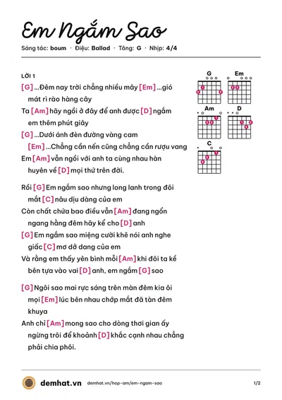 Hợp âm Em Ngắm Sao (boum) – bản nhạc PDF trang 1, tông G