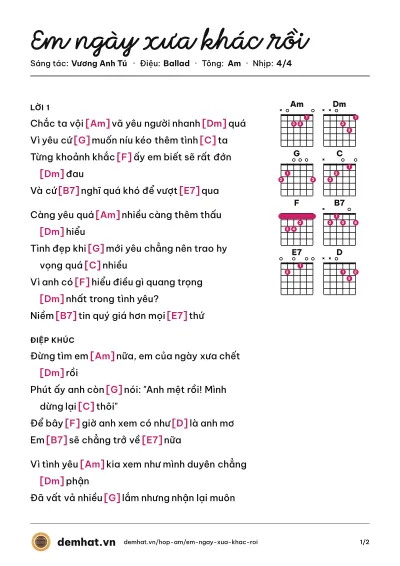 Hợp âm Em ngày xưa khác rồi (Hiền Hồ) – bản nhạc PDF trang 1, tông Am