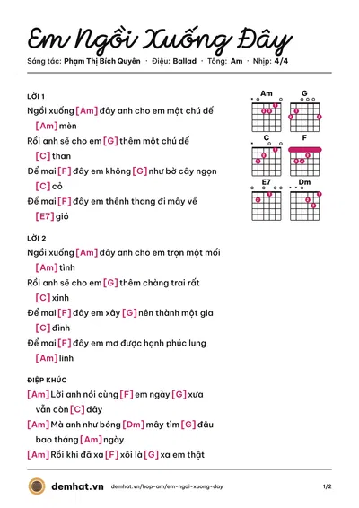 Hợp âm Em Ngồi Xuống Đây (Đông Quân) – bản nhạc PDF trang 1, tông Am